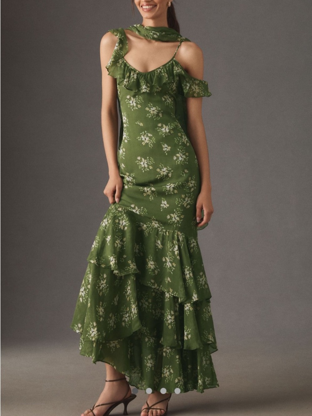 BHLDN Olive Green Floral Ruffle Maxi Dress
